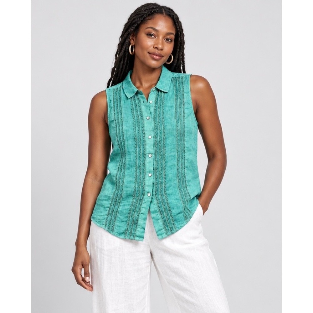 120% Lino Teal Green Sleeveless Linen Button Down Top Crochet Lace Trim 40 Chest